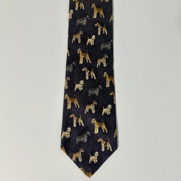 Parker Sage Terrier Dogs Silk Mens Neck Tie Motif Poly Damask Vintage 80s - Picture 1 of 6